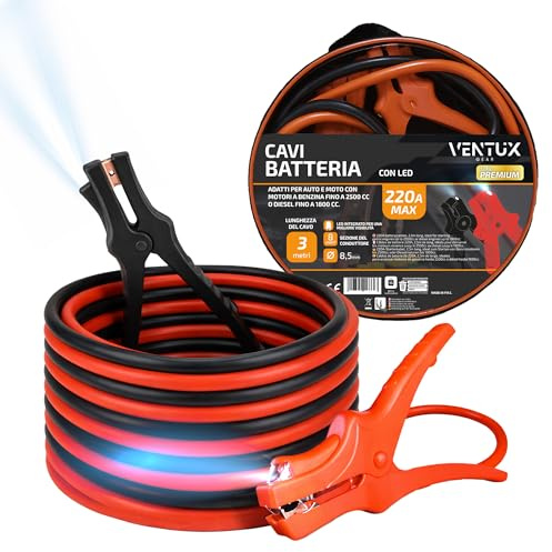 Cavi batteria auto - Cavi avviamento auto 220A 3 metri con LED - Cavi batteria auto con luce per emergenza avviamento auto moto