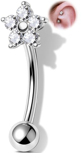 OUFER 16G 6 mm Piercing Rook a forma di Fiore in Acciaio Chirurgico 316L, con Bilanciere Curvo per Sopracciglia CZ Anello Orecchio Labret Trago Daith Conch Barbell in Acciaio per Donna