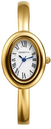 JewelryWe Bracelet Watch for Women: Gold Quartz Analog Oval Roman Numeral 3ATM Waterproof Simple Casual Ladies Bangle Wristwatch