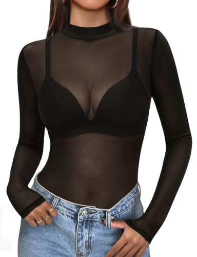 Zeagoo Women's Long Sleeve Mesh Top Casual Mock Neck Sheer T-Shirts Fitted Transparent Top for Clubwear Black XXL