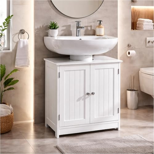 Saxony® Under sink storage bathroom cabinets free standing White wooden furniture sets cupboard unit with 2 doors floor cabinet MDF wood Crisp finish Large Space For Pedestal