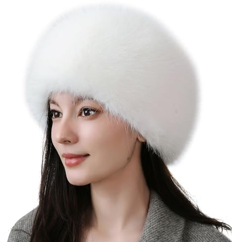 Dikoaina Faux Fur Cossack Russian Style Hat for Ladies Winter Hats for Women, White, Medium
