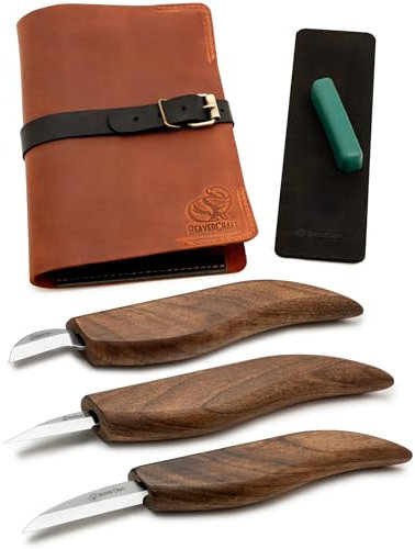 BeaverCraft Holzschnitzset Deluxe Holzschnitzmesser Set S15X - Holz Schnitzwerkzeug und Leder Streichriemen zum Schärfen mit Poliermittel - Schnitzmessern, Hohlbeitel, Meißel