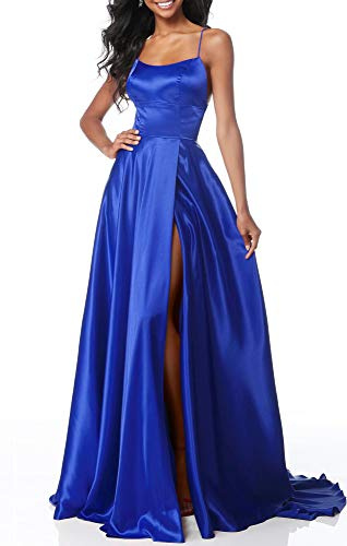 Lecureler Long Satin Spaghetti Strap Prom Dress Royal Blue Size 8