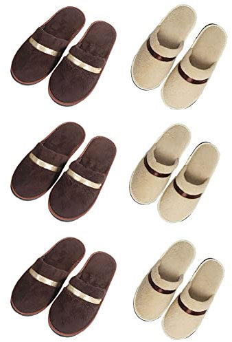 Tianmao 6 Paar Damen Slipper Hotelslipper Frottierslipper Herren Hausschuhe mit Geschlossenen Zehen Universalgröße 28.5*11cm Korallenvlies Gästepantoffeln, 3 Braun Beige, Einheitsgröße