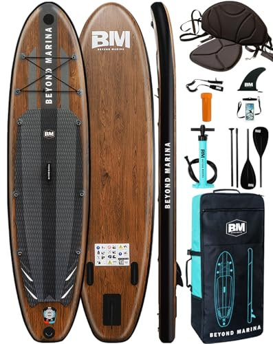 BEYOND MARINA Sup Board, Stand Up Paddling Board, Paddle Board, Aufblasbares Paddleboard Surfboard Wassersport, Sitz, 2-in-1 Paddel, Pumpe, Rucksack, Leash, 320 x81 x15CM, Holzmaserung