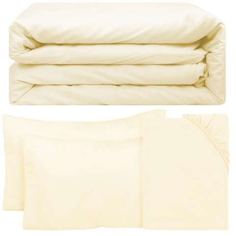BESCH Juego de Funda Nórdica Microfibra 4 Piezas Ultra Suave, Ligero y Transpirable para Cama 150-1 Funda Edredón 220x240cm, 2 Fundas de Almohada 50x90cm y Bajera Ajustable 150x200+25cm (Beig)