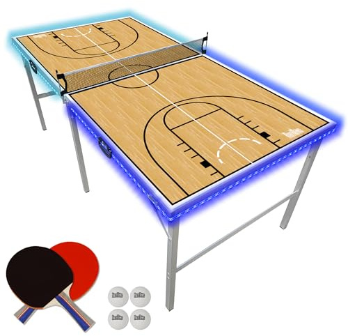 PartyLife Basketball 6ft x 3ft Ping Pong Table Tennis Table w/LED Lights & Game Kit | Mid-Size Portable Folding Indoor Outdoor Ping Pong Table Tennis Table | Kids & Adults | Game Room | Not Full Size