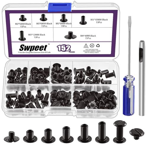 Swpeet 152 pièces m5x5mm, 6mm, 8mm, 10mm, 12mm rivets en cuir à vis noir avec perforateur et tournevis, goujons ronds à tête plate à double tête pour bricolage cuir artisanat et reliure