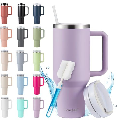 Temede Thermobecher mit Strohhalm und Henkel 30oz/0.9L,Großer Trinkbecher mit Deckel und Strohhalm,Kaffeebecher to go Thermo,Edelstahl Vakuum Isolierbecher Tragbare Autobecher für Kalte Heiße Getränke
