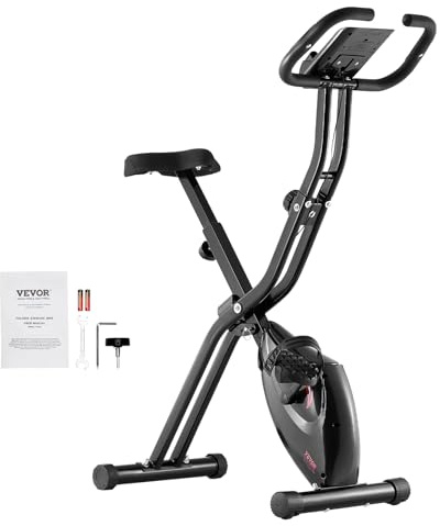 VEVOR Cyclette Pieghevole, Cyclette Pieghevole da Fitness, Cyclette con Resistenza Magnetica Regolabile, Cyclette Verticale da Interno per Allenamento Interno, Comodo Cuscino del Sedile, Monitor LCD