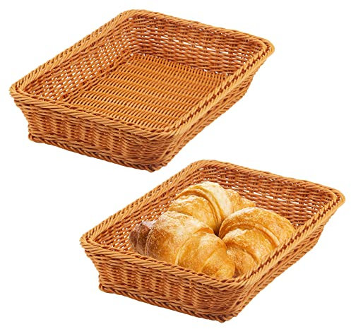 CHUIFAI 2 Stück Poly Weidenkorb Rechteckig, 35 x 25 x 7,5 cm Rattan Brotkorb Geflochten Brötchenkorb, Rattan Servierkorb für Küche