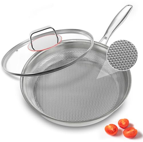 Stainless Steel Frying Pan with Lid, 28cm 5-Ply Stainless Steel Pan,PTFE & PFOA Free, All Stovetop Compatible,Dishwasher and Oven Safe