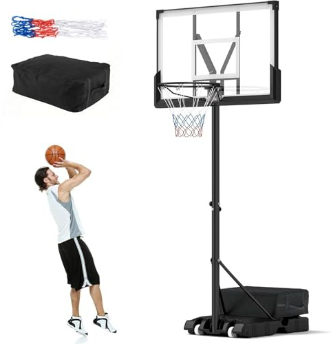 GYMAX Panier de Basketball Mobile pour Enfants Adultes, Hauteur Réglable 160-305cm, 2 Filets Inclus, Base Remplissable d'eau ou Sable, Sac de Poids Fourni, Portable pour Extérieur et Intérieur