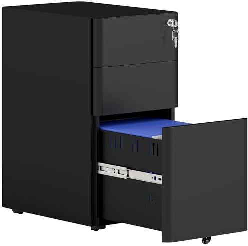 Vinsetto 3-Drawer Mobile Filing Cabinet, Lockable Metal File Cabinet with 5 Wheels for A4/Legal/Letter Sized Documents, Hanging File Folders, Under Desk, Pre-Assembled Body, 30 x 45 x 59 cm, Black