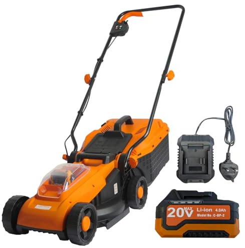 Cordless Lawnmower With 4.0Ah Battery and Charger - 330mm Cutting Width - 3 Cutting Heights 25mm to 65mm - 30 Litre Collection Box - Lightweight and Compact (Lawn Mower & Battery & Charger)