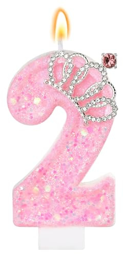 LunarCharm Velas de cumpleaños Rosa – Velas con números Brillantes para Fiesta de 2º cumpleaños con Corona, número 2, para decoración de Tartas, Cupcakes, decoración de Fiestas, Aniversarios