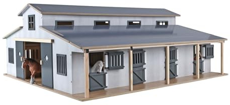 Kinder Globe Pferdestall (7 Pferdeboxen, mit Stauraum an der Decke, Maßstab 1:24, Pferdestall Bauernhaus, Kinderfarm Zubehör, Spielzeug Bauernhof) 610311, Grau