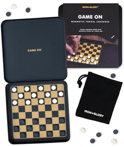 Iron & Glory Magnetic Travel Checkers Set in Durable Tin Case | Compact & Portable Board Game with Secure Magnetic Pieces | Perfect for On-the-Go Fun & Strategy | Includes Fabric Carry Pouch