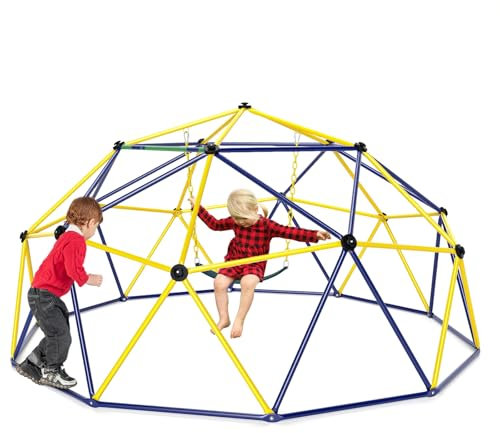 HOMASIS Dôme d'escalade pour Enfants Extérieure, Aire de Jeux avec Balançoire, Cadre d'escalade pour Enfants de 3 à 10 Ans, Charge 363 kg pour 6 Personnes Maximales, 305 x 156 cm (Jaune)