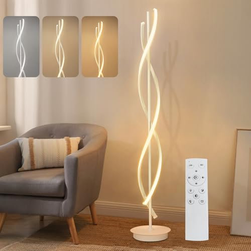 robwibw Lampada da Terra Soggiorno LED Dimmerabile, 52W Moderna Piantana Lampada da Terra Salotto con Telecomando Spirale Design Lampada Piantana per Camera da Letto (Bianco)