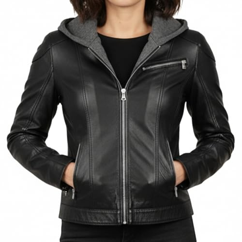 Leatherick Giacca in vera pelle di agnello Victoire da donna con cappuccio rimovibile – Giacca nera con cerniere argentate di alta qualità e tasche funzionali