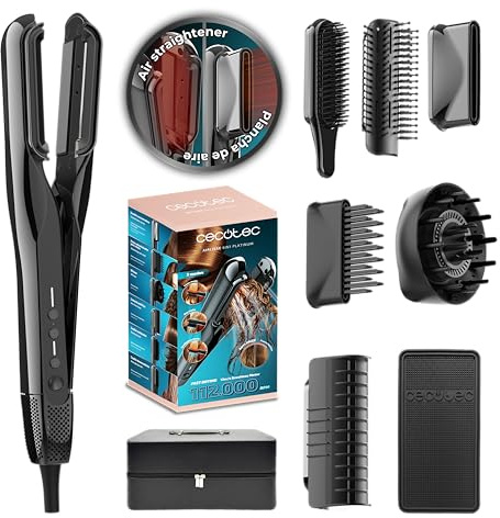 Cecotec Plancha de Pelo con Aire con 6 Accesorios AirLisse 6i1n Elite.112000RPM, Flujo de Aire 13m/s, Función Plasma, Motor Brushless, Cepillo Convencional Incluido, Estuche de Cuero