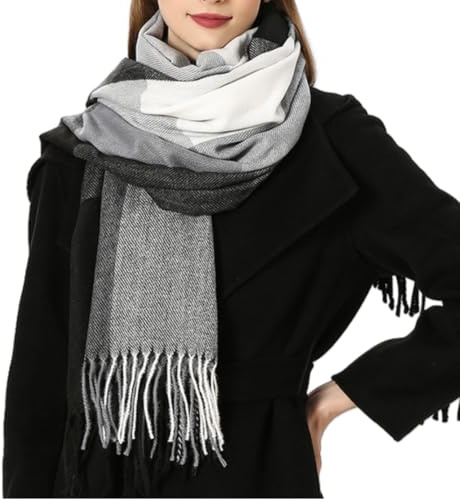 Bufandas Mujer Invierno Grande a Cuadros de invierno con tacto de cachemira para mujer Cachemira sintética Chal Cálido Moda Largas Bufandas Mujer Invierno de Punto con Flecos para Mujeres Hombres