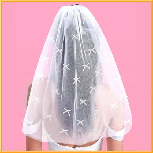 BEAMARKER Velo de Novia Corto con Lazo, de Malla Blanca, Ideal como Diadema para Novia, Regalo de Dama de Honor, para Despedida de Soltera, Boda, Despedida de Soltera, con Peine de Plástico.