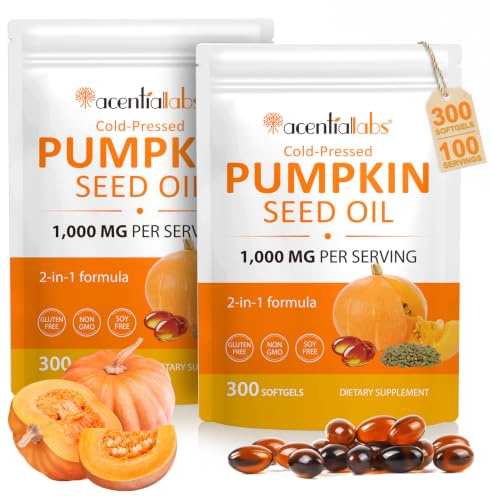 2 PCS Pumpkin Seed Oil 300 Capsules 2-in-1 Formula 1000 mg per Serving,Rich in Zinc & Omega Fatty Acids,Supports Hair Growth & Urinary Health,Easy-to-Swallow,Gluten Free