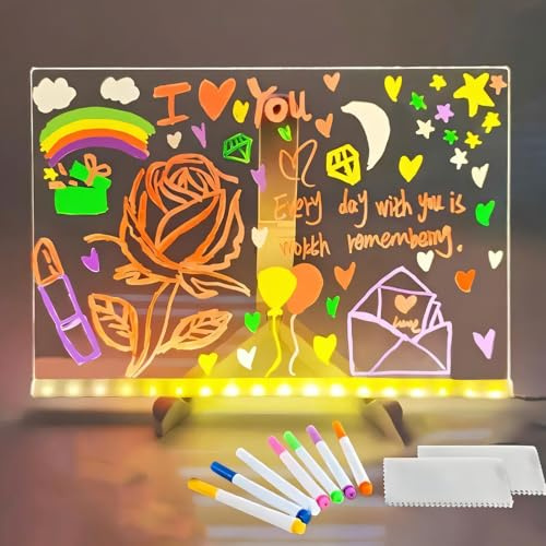 Okaywork Tabla LED para niños, tablero LED mágico de 20 x 30 cm, incluye 7 bolígrafos de neón, 1 soporte y paño, borrable y reutilizable, pizarra para notas, tablón de anuncios, calcador