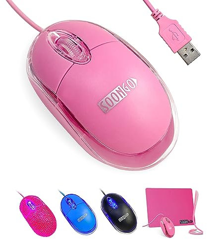 SOONGO Mouse USB Rosa para Computadora Portátil Mini Wired PC Mouse Ratones Ergonómicos Portátiles para Niños y Niñas Adolescentes Regalos de Cumpleaños