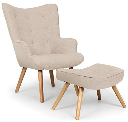 Menzzo Fauteuil scandinave + Pouf – Beige – Revêtement Tissu – Pieds Bois – Style Moderne Nordique – Salon, Chambre, Bureau
