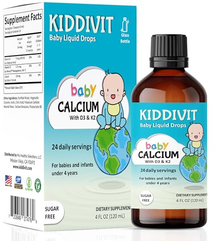 Kiddivit Baby Calcium Liquid Drops with Vitamin D3 & K2 – Gentle Bone & Growth Support Supplement – 24 Daily Servings – Inulin Fortified Prebiotic Fiber – Sugar Free, Gluten Free, Vegetarian, 4oz