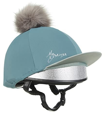 LeMieux Pom Pom Reitmütze Seide in Salbei mit 4-Wege-Stretch-Stoff koordiniert mit Basisschichten und Sattelpolstern – REIT-Kopfbedeckung – Einheitsgröße