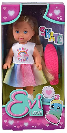 Evi Love Skate, 2-Fach Sortiert, es Wird nur EIN Artikel geliefert, Spielpuppe in einem modischen Outfit mit Skateboard, 12cm, ab 3 Jahren