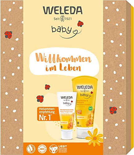 WELEDA Bio Baby Geschenk Set - Babypflege Naturkosmetik Geschenkbox mit Calendula Windel Wundschutzcreme & Waschlotion Duschgel. Optimales Pflegeset zur täglichen Pflege von Babys & Kleinkindern