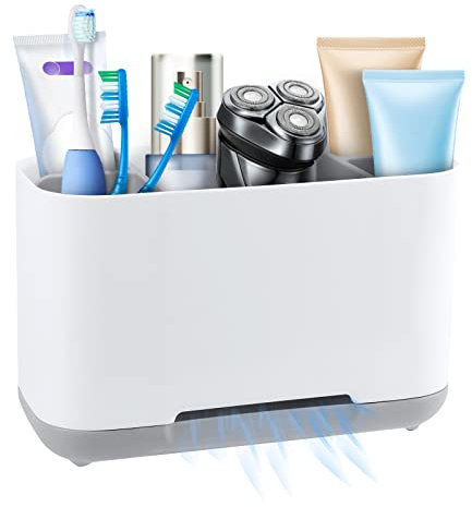 Porta Spazzolini Bagno in Plastica, Organizer Portaspazzolino Elettrico da Bagno, Spazzolino da Denti Staccabile Stand, con Fondo Antiscivolo, 5 Scomparti Regolabile per Il Bagno, Grigio