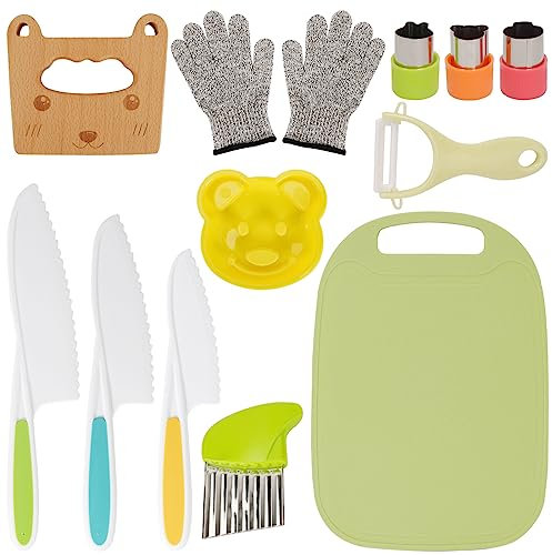 LIPJISL 13-teiliges Kindermesser Kinder Küchenmesser Set zum Schneiden und Kochen inklusive Holzmesser Schneidebrett Schäler Kinderhandschuhe Gemüse Ausstechformen (Kätzchen)