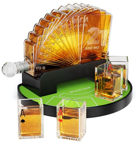 Kollea Blackjack Whiskey Dekanter Set, 37,2 Oz Whiskey Dekanter mit 4 Gläsern, Casino-Stil Dekanter für Spirituosen, Geburtstagsgeschenke für Männer, Papa, Freund, Blackjack Spiel Nacht Essentials