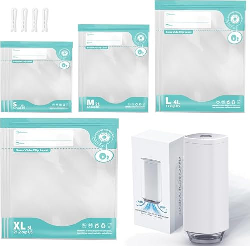 Annalocker Sacchetti Sottovuoto 10 Buste Foca Riutilizzabili Sottovuoto per la Conservazione Alimenti e Cottura Sottovuoto Con 1 Macchina Sottovuoto Alimentare Automatica, 4 Clip Sigillanti Vacuum bag