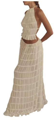 Women's 2 Piece Maxi Skirt Set - Lace Up Backless Tank Top & Flowy Long Skirt - Y2K Summer Outfits - Beachwear - Long Maxi Dress - White