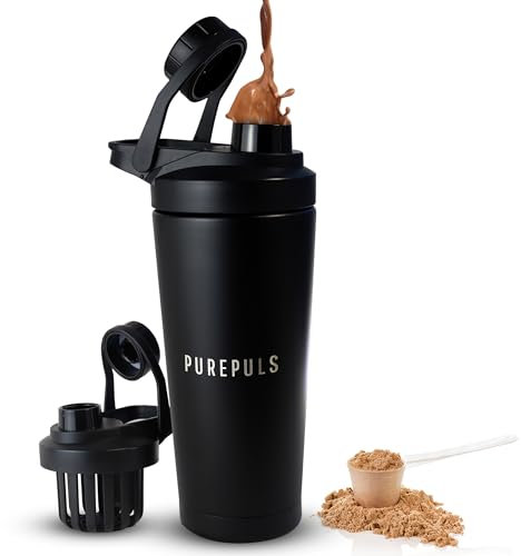 PUREPULS® Shaker Edelstahl 750 ml BPA-frei & doppelwandig isoliert | Eiskalte Shakes | Auslaufsicherer Eiweiß-Shaker für Gym, Fitness & Kraftsport | 304 Edelstahl & Spülmaschinenfest (bis 45°C)