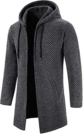Abrigo de vestir para hombre para otoño e invierno, color liso, con capucha, cremallera, cálido, abrigo de punto, gris oscuro, XXL