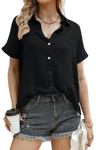 Aottori muslinblus, damer, eleganta toppar, 100 % bomull, kortärmad skjortblus med V-ringade blusar, tunika, toppar, sommar, svart, M