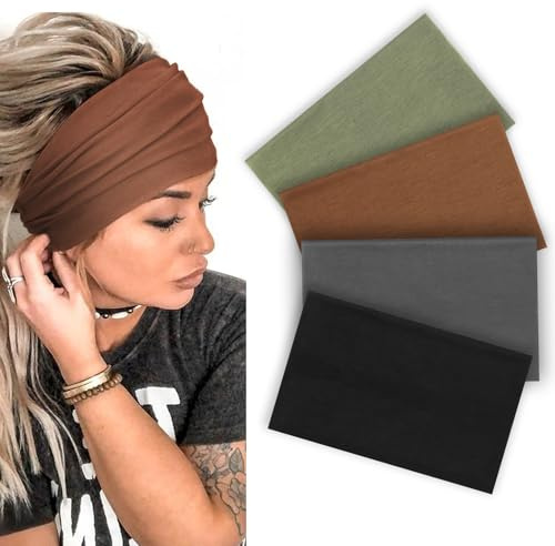 DRESHOW Pannband för Kvinnor Breda Halkfria Turban Hårband Mjuka Elastiska Träning Yoga Löpning Huvudband Flickor Tillbehör 4 Paket