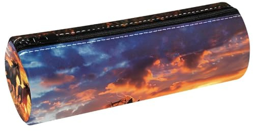 VAPOKF Trousse à crayons en cuir synthétique avec imprimé cheval au lever du soleil - Trousse de maquillage pour femmes, filles, garçons, enfants, fournitures scolaires et de bureau, multicolore