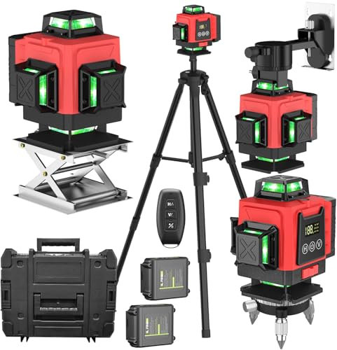 Livello Laser Verde 360 Autolivellante, Laser Cantiere 4D 16 Linee con 3,7 V 2 x 4800 mAh Batterie, IP54, Lazer Livelli con Treppiede 1,2 M, Cassetta degli attrezzi portatile e telecomando