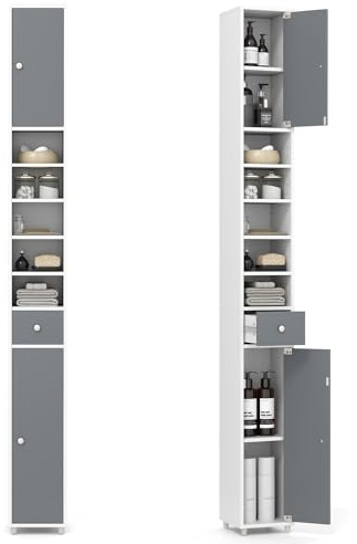 GOPLUS Armoire de Salle de Bain Haut, avec 2 Portes, 1 Tiroir, 5 Étagères Réglables, Dispositif Anti-basculement, Meuble Colonne Rangement pour Petits Espaces, 20x20x180cm (Blanc+Gris)