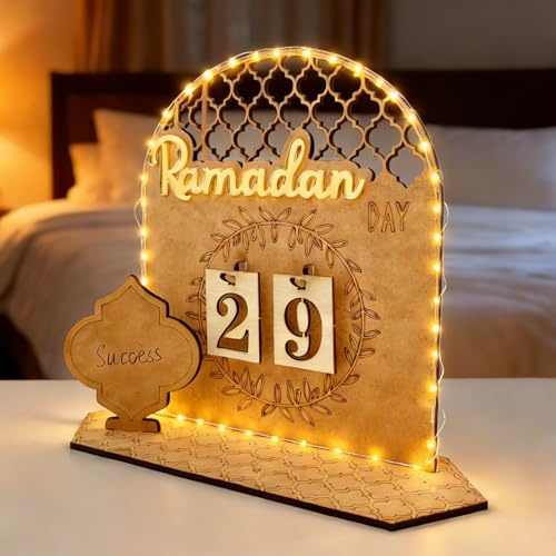Calendrier du Ramadan en bois avec LED – décoration ramadan polyvalente pour enfants et familles, compte à rebours DIY, lumière douce 1 m, décoration islamique pour salon et table (Couronne)
